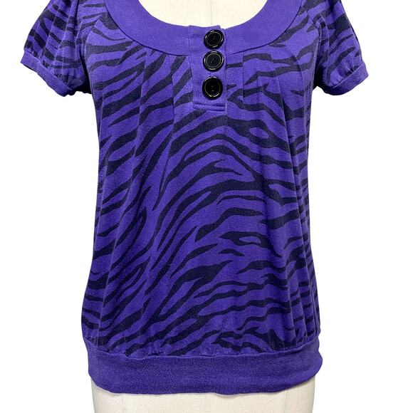 Cute Y2k Weavers Purple Zebra Print Henly Puffled Sleeve Top Grunge Emo Goth - Picture 2 of 9